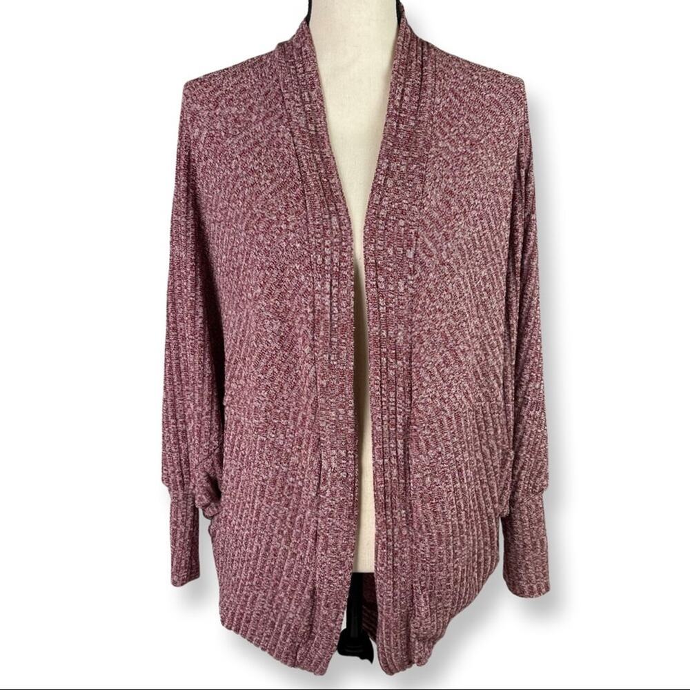 Oversized Slouchy Open Cardigan Dolman Sleeve Ribbed Heathered Maroon Medium
